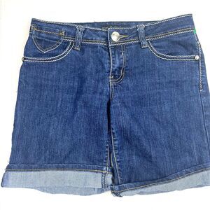 Southpole Womens Bermuda Denim Shorts With Gold Logo, Embroidered Back Pockets